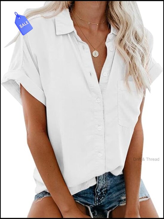 Tops - Short Sleeve Oversized Cotton Button Down Shirt with Pocket